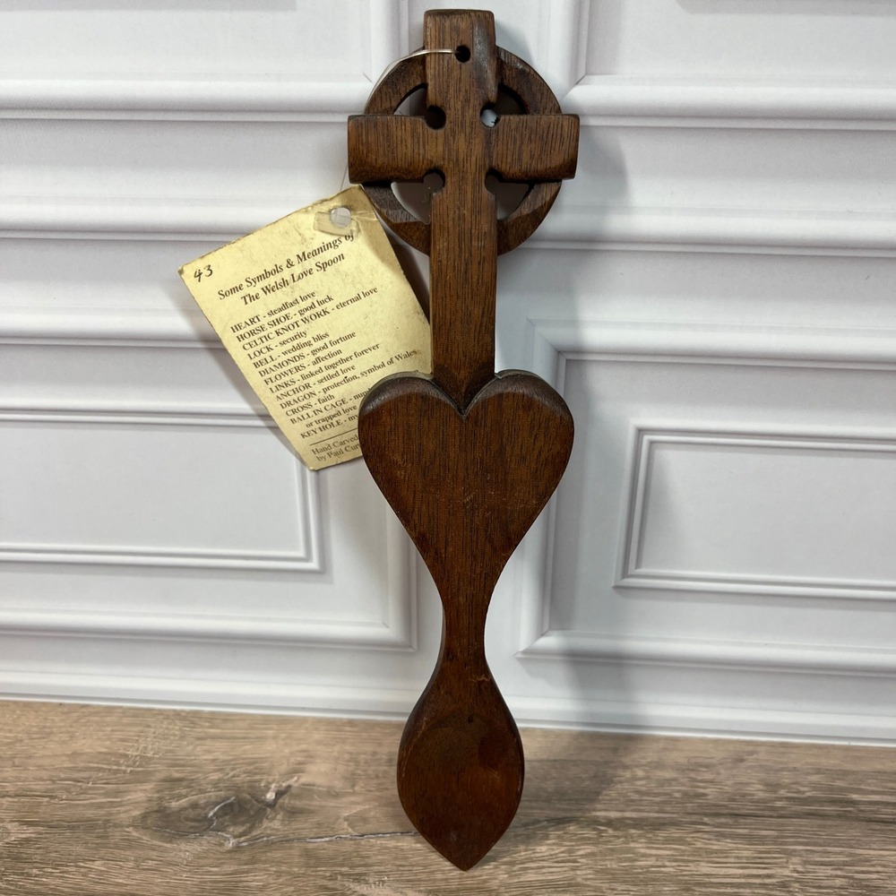 Curtis Woodcraft Welsh Love Spoon Brown Hand Carved Celtic Cross Heart Wales